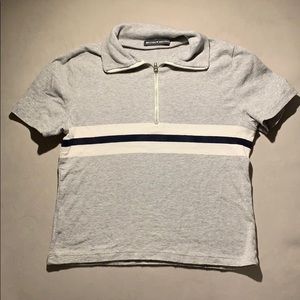 Brandy Melville Grey Zip Tee White Navy Stripe
